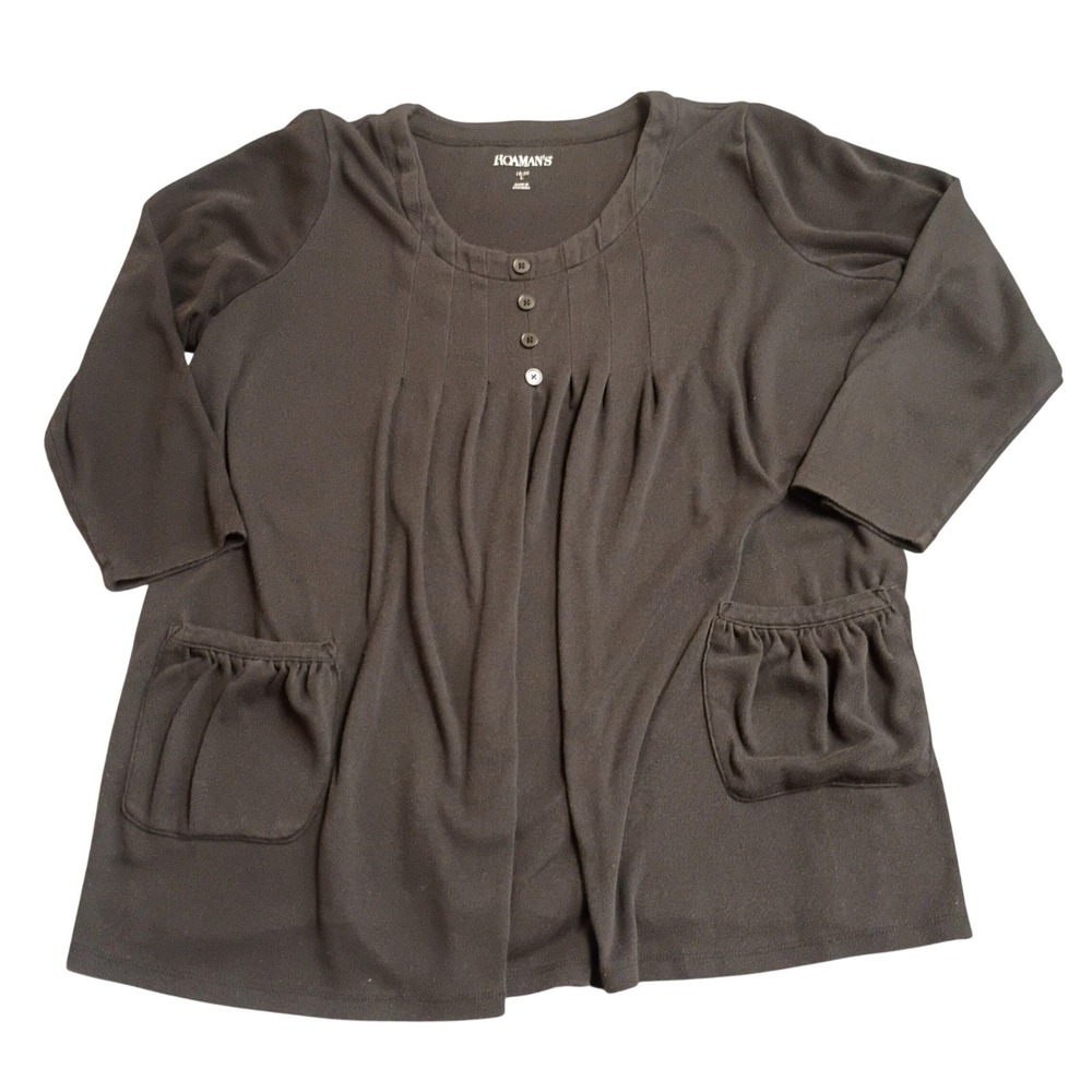 Roaman's Tunic Top Womens 18/20 L Dark Grey 3/4 Sleeve Pleated Pocket Knit